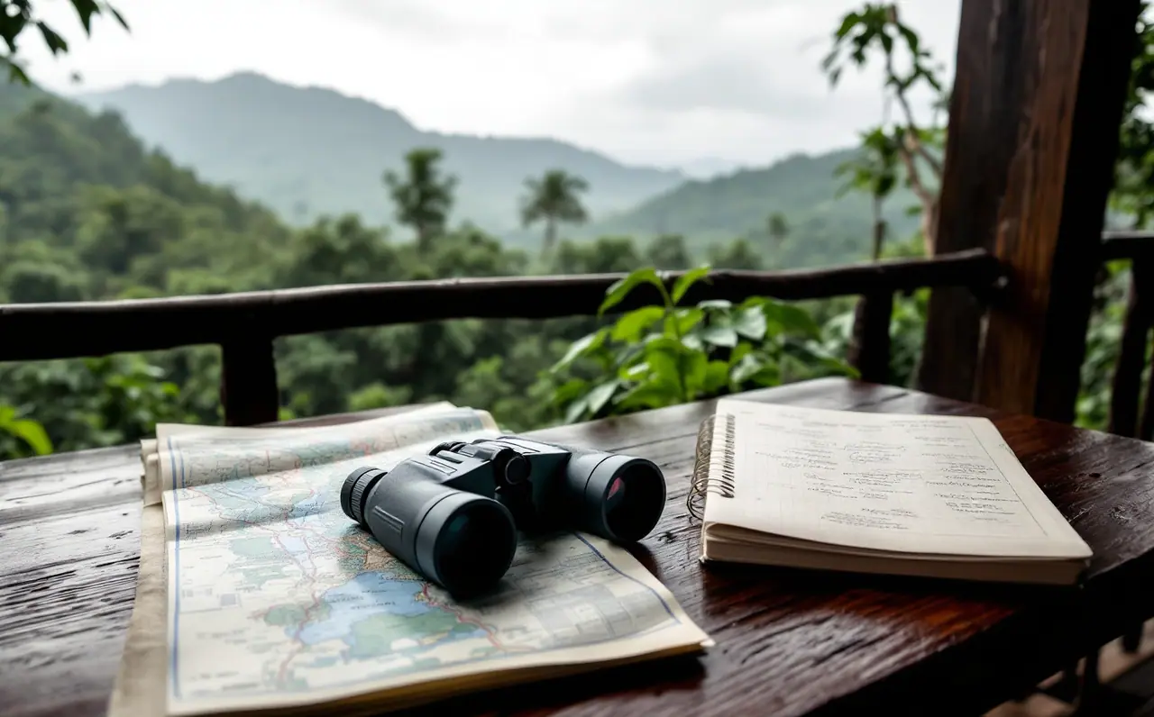 Binoculars, a paper map and a notebook on a veranda table above a cardamom estate