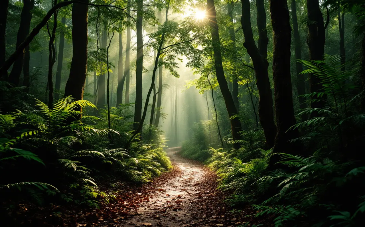 A narrow trail through tall evergreen forest with ferns and fallen leaves in morning light